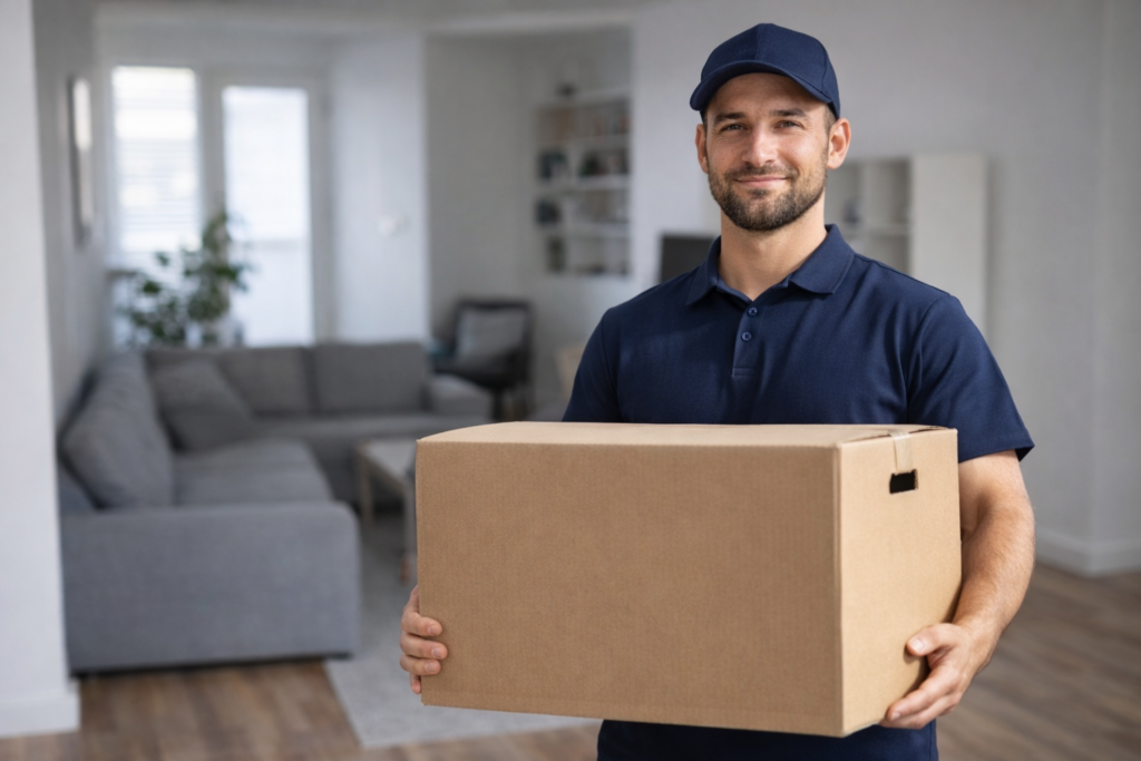 ikea möbel lieferung berlin ein umzugshelfer trägt karton in wohnung