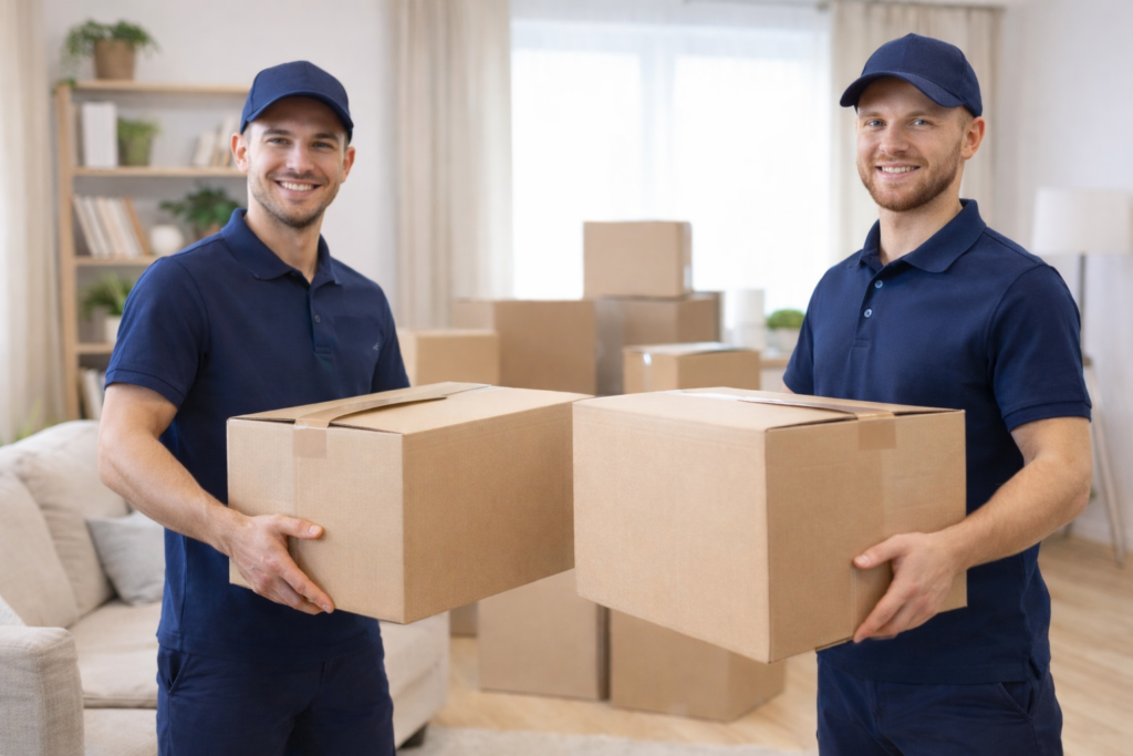 Umzug Berlin Marzahn Möbeltransport zwei Männer tragen Umzugskartons in Wohnung