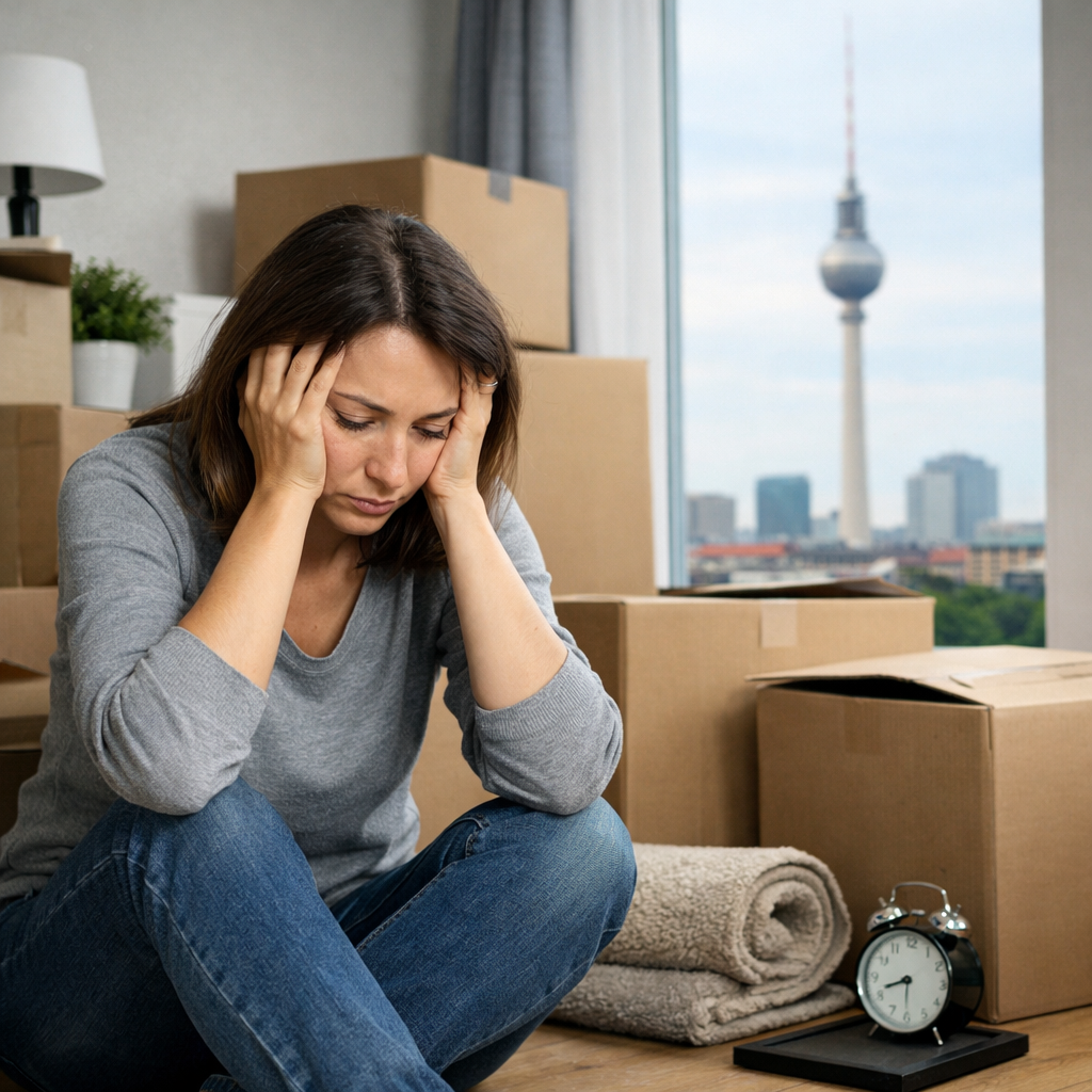 Eine Person sitzt nach dem Umzug inmitten von Kartons und wirkt erschöpft. Das Bild zeigt, wie belastend ein Neuanfang sein kann und wie häufig eine Depression nach dem Umzug auftritt.