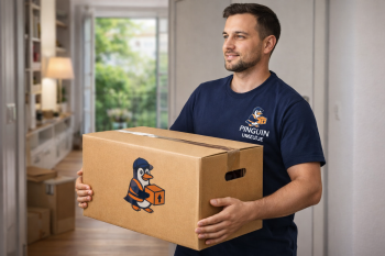 Pinguin Umzüge Kleintransport Berlin Mitarbeiter trägt Umzugskarton