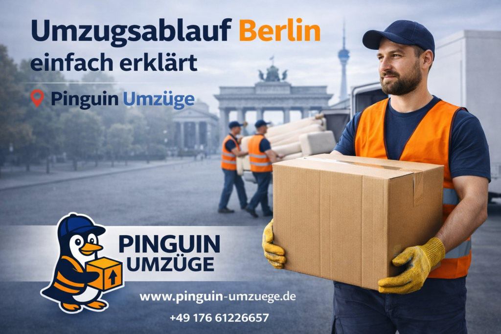 Illustration zum Umzugsablauf in Berlin von Pinguin Umzüge mit Umzugshelfer, Karton und Berlin Hintergrund