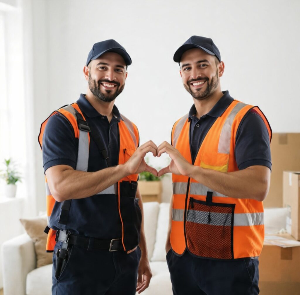 Freundliche Umzugshelfer in Berlin mit Schutzkleidung beim professionellen Umzug Service