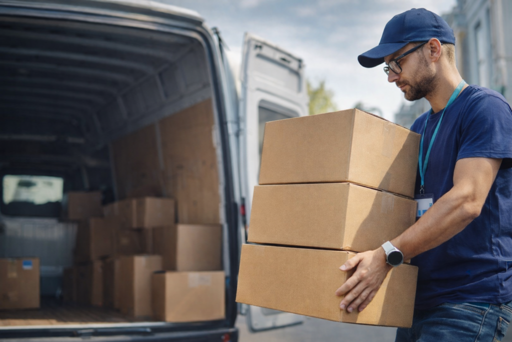 Umzug Berlin Mitarbeiter trägt Umzugskartons vor Transporter beim Umzug