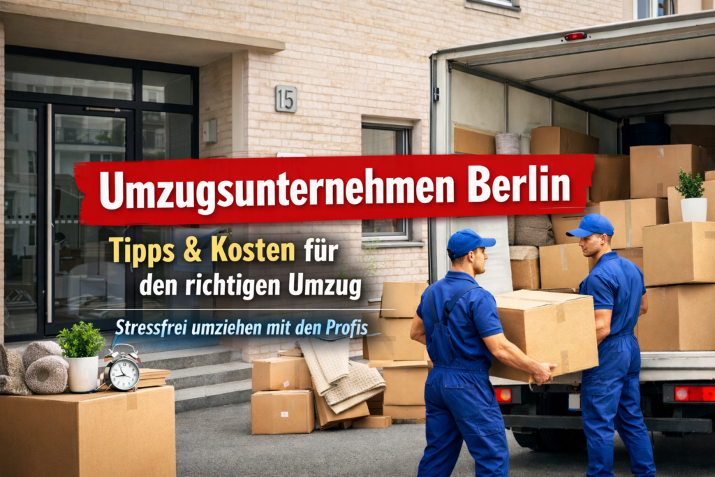 Umzugsunternehmen Berlin Mitarbeiter tragen Möbel vor Wohngebäude in Umzugswagen