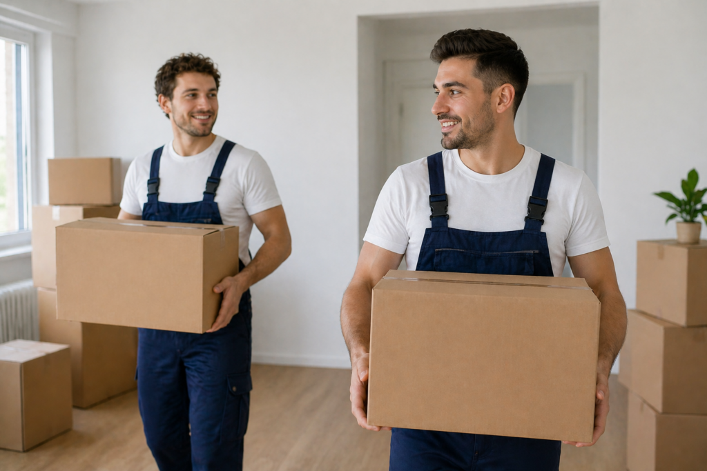Umzugshelfer Berlin tragen Umzugskartons bei einem professionellen Umzug mit Pinguin Umzüge