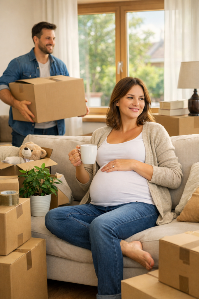 Umzug in der Schwangerschaft Berlin Frau sitzt entspannt zwischen Umzugskartons während Partner hilft