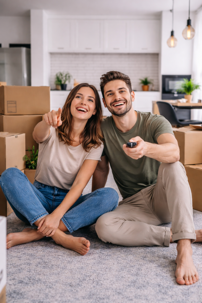 Paar sitzt in neuer Wohnung auf dem Boden mit Umzugskartons und plant den Umzug sowie GEZ Ummeldung
