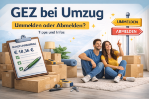 GEZ bei Umzug ummelden oder abmelden Entscheidung in neuer Wohnung mit Umzugskartons und Paar