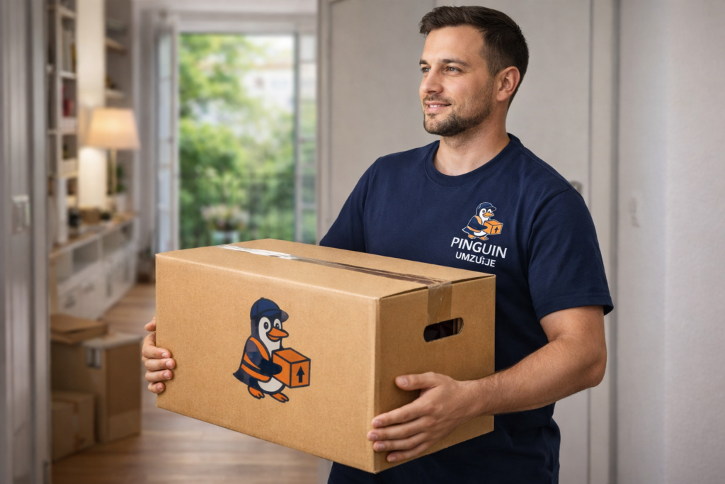 Pinguin Umzüge Kleintransport Berlin Mitarbeiter trägt Umzugskarton
