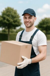 Möbeltransport Berlin professioneller Umzugshelfer trägt Karton sicher