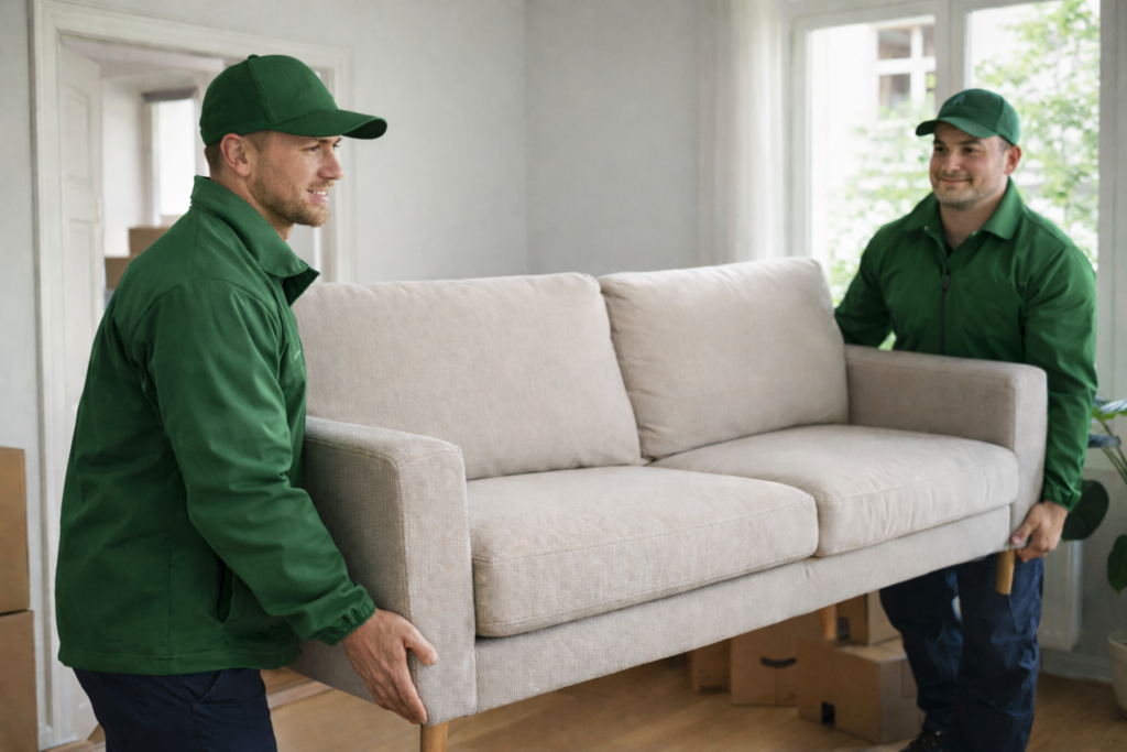 Zwei Umzugshelfer tragen ein Sofa in einer Wohnung beim Umzug Berlin Neukölln günstig und professionell