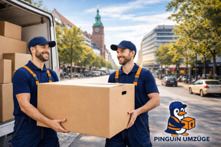 Umzug Berlin Steglitz mit Pinguin Umzüge zwei Umzugshelfer tragen Möbel professioneller Umzugsservice Berlin